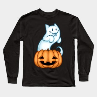 Cat Ghost and Pumpkin Long Sleeve T-Shirt